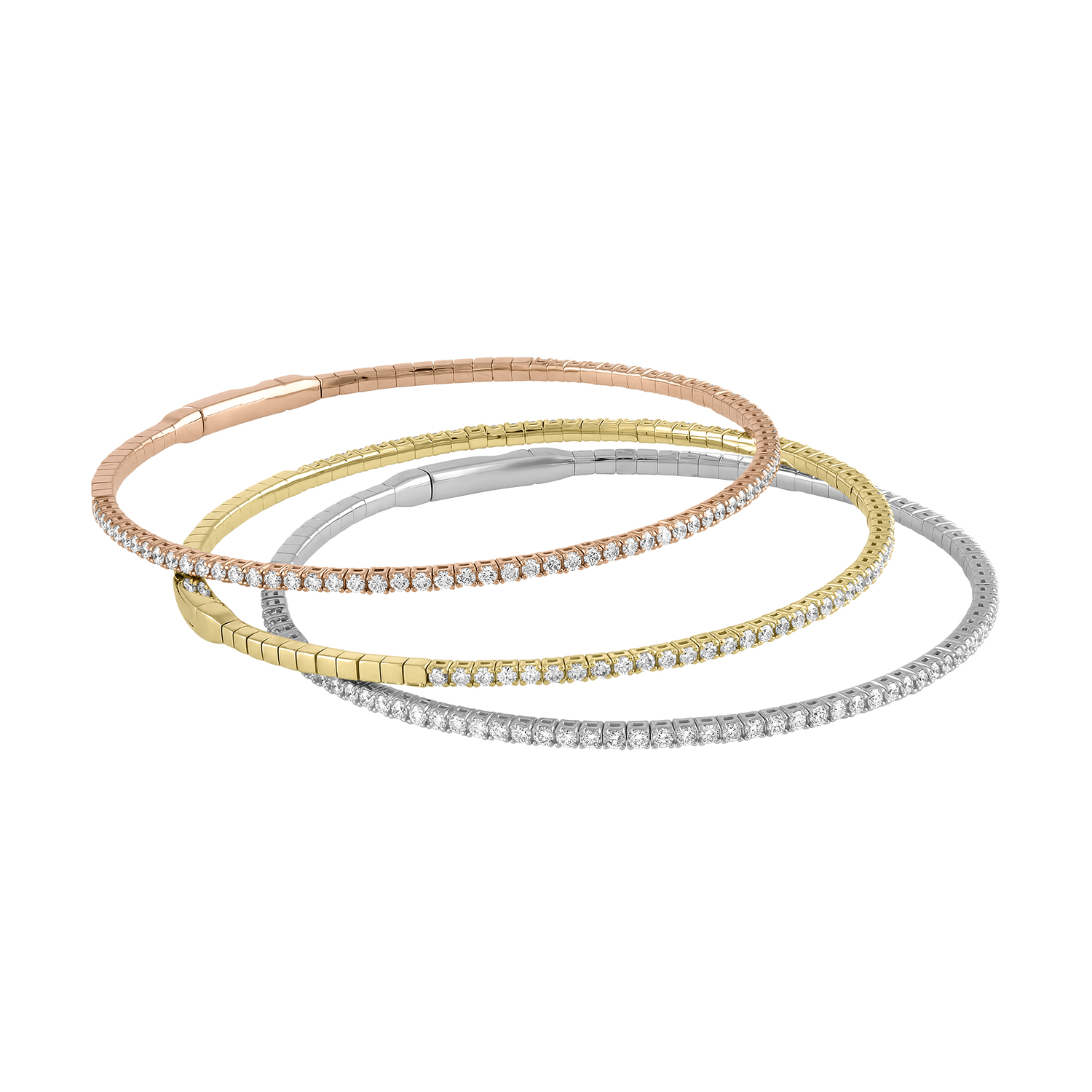 A stack of 3 flexi bangles in rose, yellow, and white gold with diamonds