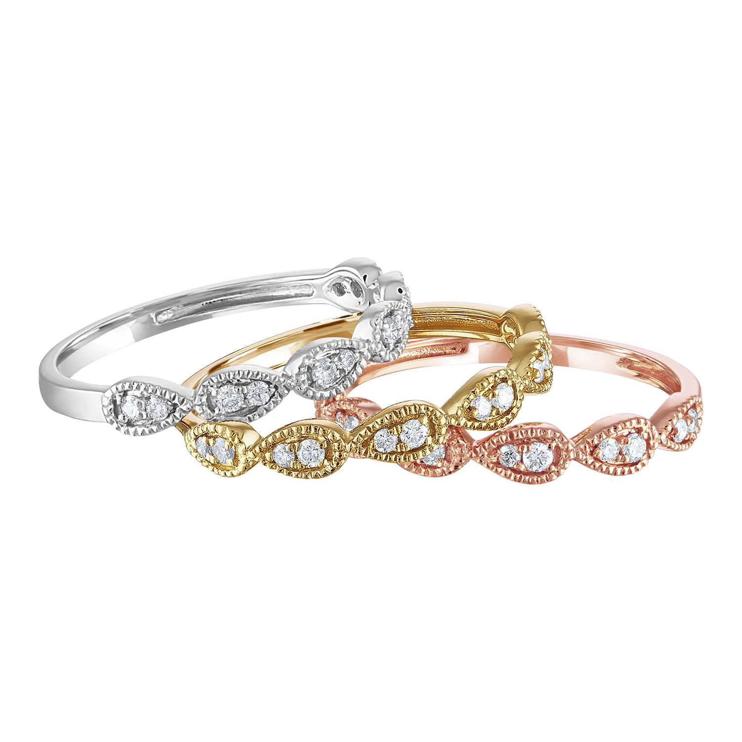A set of 3 rings stacked on top of each other, in white, yellow, and rose gold. The front of the band is shaped into teardrops set with 2 diamonds.