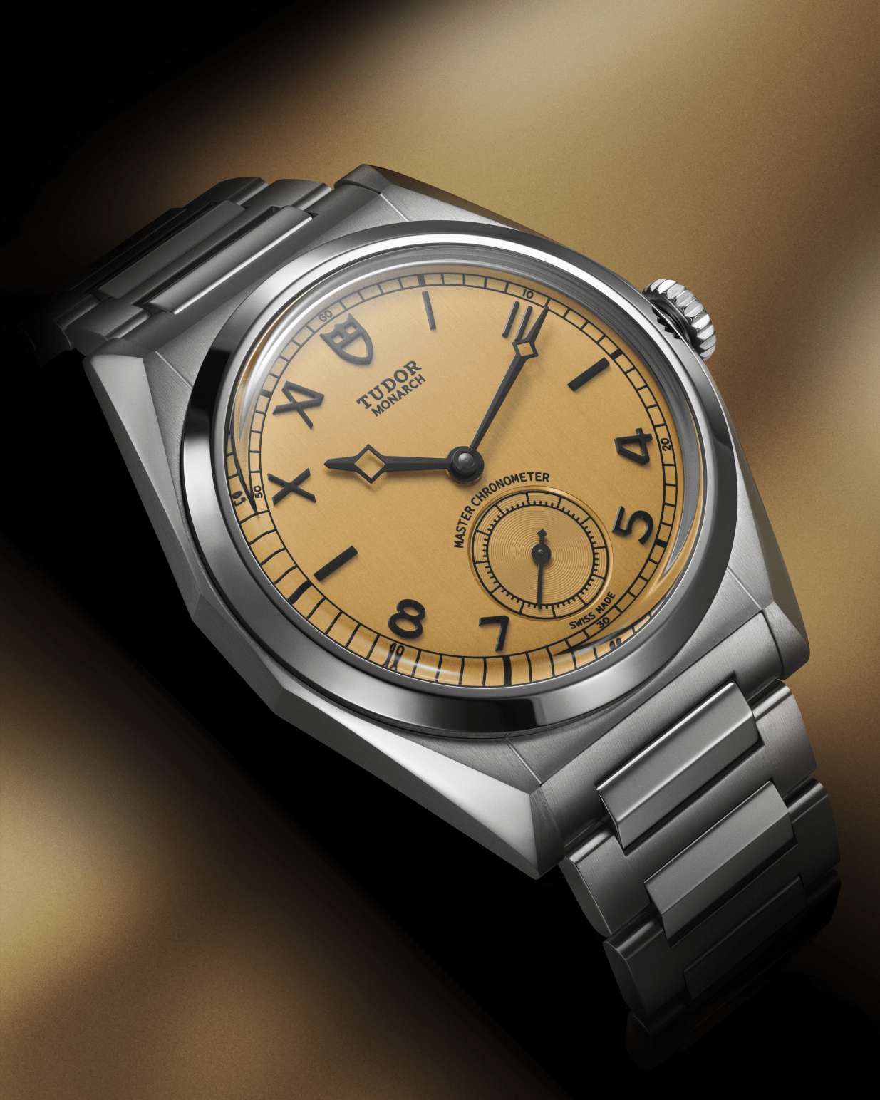 On an orange background with shadows, a stainless steel watch tilts to the left. It has a smooth bezel, orange dial, and black appliques.