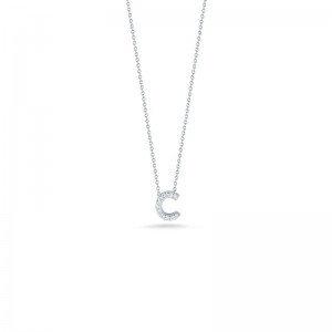 R.COIN 18K WHITE GOLD CHAIN W/ BABY DIAMOND PENDANT LOVE LETTER "C" NECKLACE. 