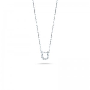 R.COIN 18K WHITE GOLD CHAIN /W BABY DIAMOND PENDANT LOVE LETTER "U" NECKLACE. 
