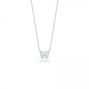 R.COIN 18K WHITE GOLD CHAIN /W BABY DIAMOND PENDANT LOVE LETTER "W" NECKLACE. 