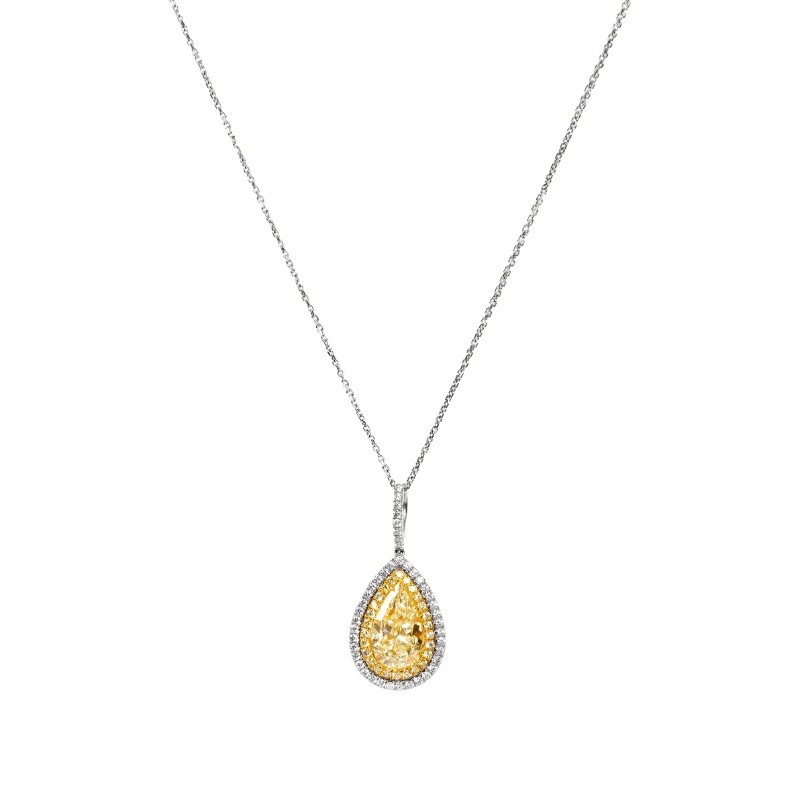 Laurenti 18k White Gold Yellow and White Diamond Necklace .79ctw pear shape. yellow diamond .11ctw pear shape F color white diamond