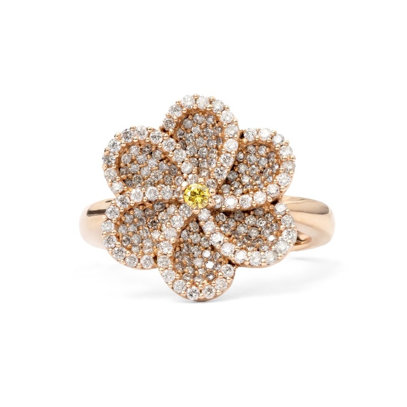 Laurenti 14k Rose Gold Flower Ring .05ct yellow diamond .93ct round white. diamonds