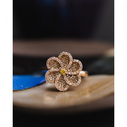 Laurenti 14k White Gold Flower Ring .05ct brown/reddish/orangey diamond. .93ct white diamonds