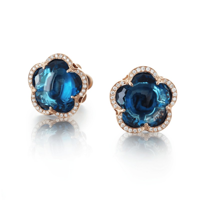 18K ROSE GOLD BON TON STUD EARRINGS WITH DIAMOND AND LONDON BLUE TOPAZ