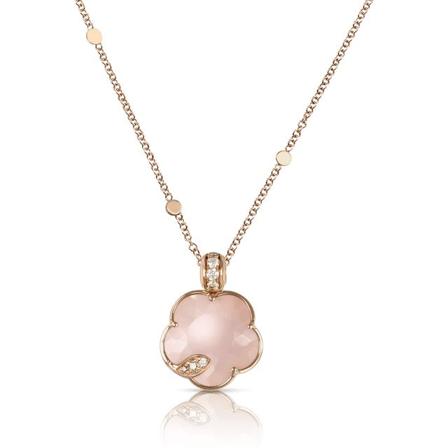 PASQUALE BRUNI 18K ROSE GOLD PETIT JOLI LUNAIRE NECKLACE WITH PINK CHALCEDONY AND WHITE MOONSTONE DOUBLET, AND WHITE AND CHAMPAGNE DIAMONDS