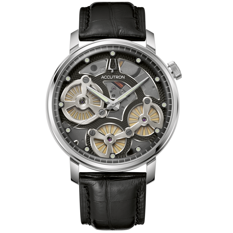 Accutron Spaceview Evolution Open Work Watch in Stainless Steel with Matt Black Alligator Strap