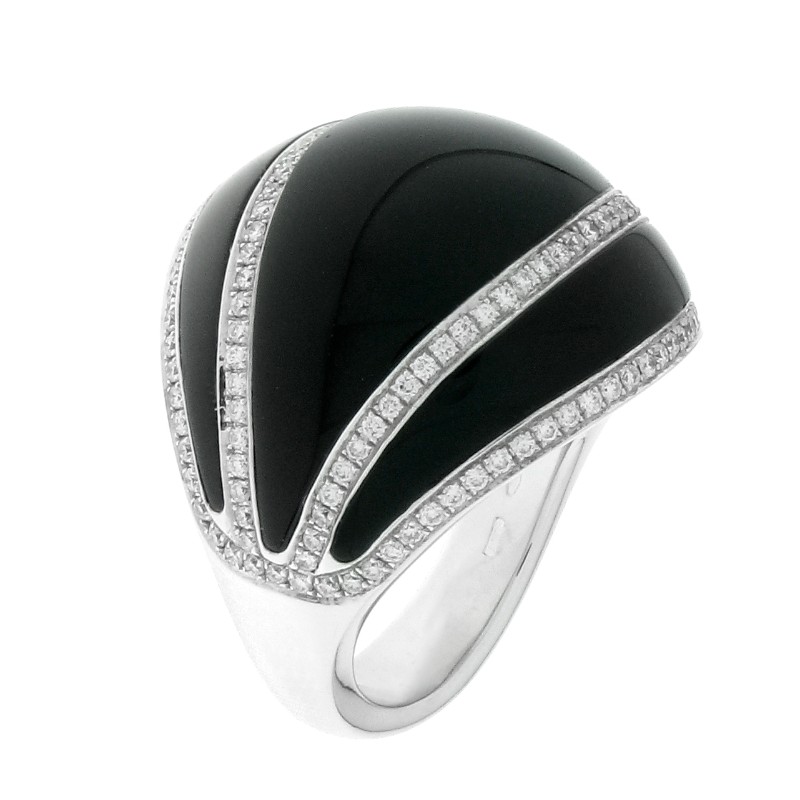 18K WG LUNA ONYX RING .71. WHITE GOLD AND ONYX WITH 4 ROWS OF CURVE DIAMONDS EXTENDED ACROSS RING