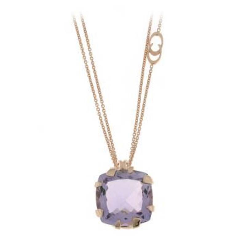 CHIMENTO RG THIN DOUBLE CHAIN W/PRONG SET FACETED SQUARE AMETHYST PENDANT.