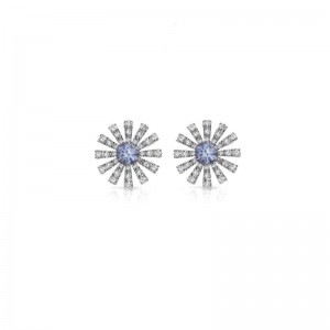 DAMIANI 18K WHITE GOLD MARGHERITA EARRINGS WITH DIAMOND AND AQUAMARINE 0.42. 