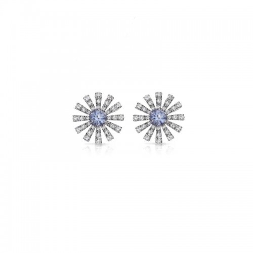 DAMIANI 18K WHITE GOLD MARGHERITA EARRINGS WITH DIAMOND AND AQUAMARINE 0.42. 