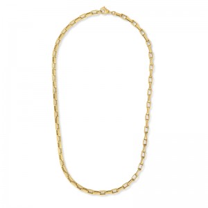 18KT YELLOW GOLD DESIGNER GOLD RIDGED RECTANGULAR LINK CHAIN NECKLACE. 