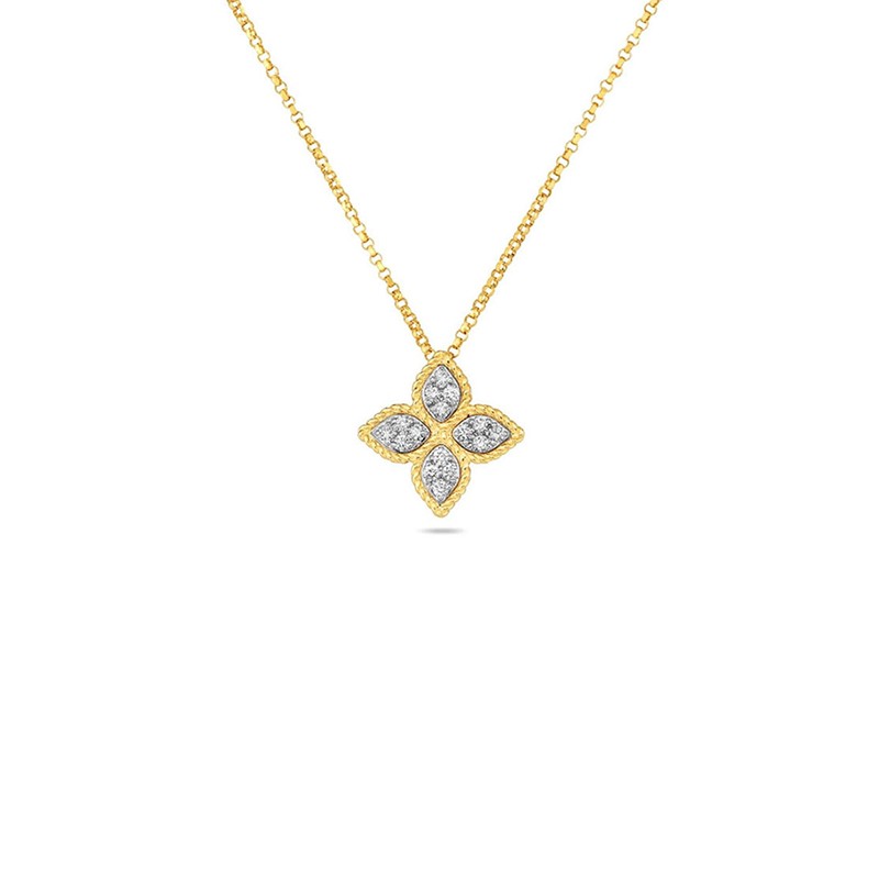 ROBERTO COIN 18K YELLOW AND WHITE DIAMOND PRINCESS FLOWER PENDANT INDP MEDIUM. .17