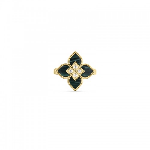 ROBERTO COIN 18K YELLOW GOLD VENETIAN PRINCESS SMALL MALACHITE DIAMOND RING 0.12. MALA-7.40