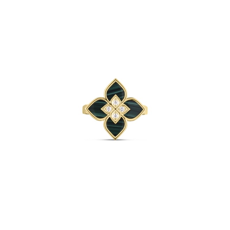 ROBERTO COIN 18K YELLOW GOLD VENETIAN PRINCESS SMALL MALACHITE DIAMOND RING 0.12. MALA-7.40