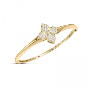 ROBERTO COIN 18K YELLOW GOLD DIAMOND PRINCESS FLOWER KNIFE EDGE 48X58 .45CTW.