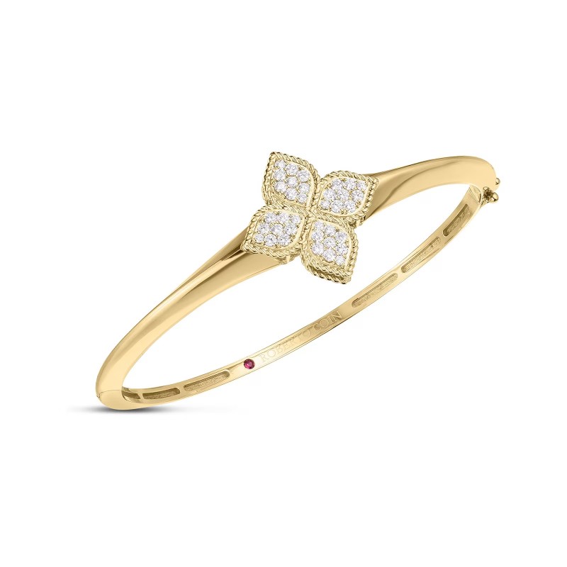 ROBERTO COIN 18K YELLOW GOLD DIAMOND PRINCESS FLOWER KNIFE EDGE 48X58 .45CTW.