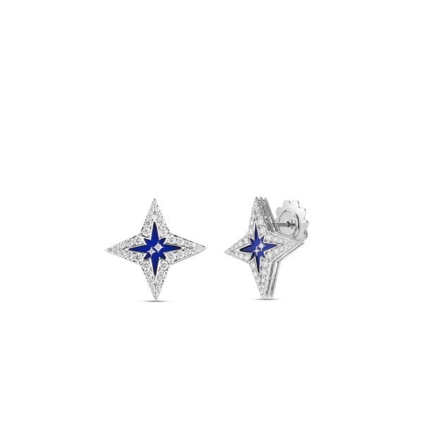 Roberto Coin 18K White Gold Stardust Stud Earrings with Small Pave Diamonds and Blue Ceramic