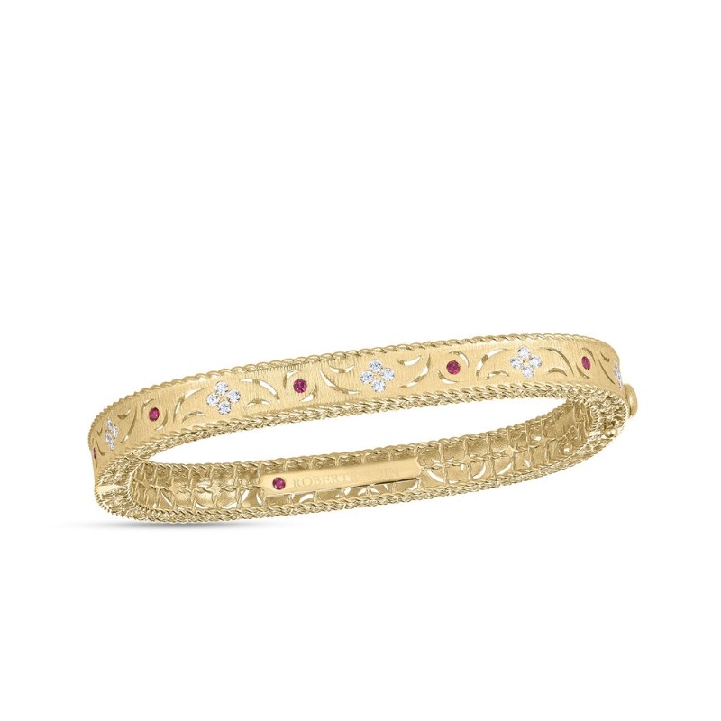 ROBERTO COIN 18K YELLOW GOLD DIAMOND RUBY PRINCESS BANGLE 46X56 DIA .25. RUBY-0.10
