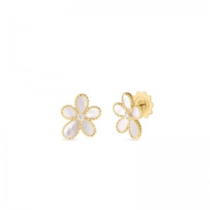 ROBERTO COIN YELLOW GOLD DIAMOND MOP JASMINE FLOWER EARRINGS DIA- 0.07, MOP 1.90. 