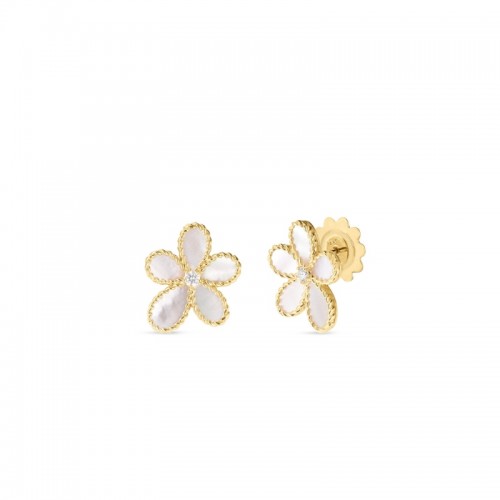 ROBERTO COIN YELLOW GOLD DIAMOND MOP JASMINE FLOWER EARRINGS DIA- 0.07, MOP 1.90. 