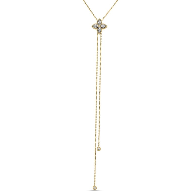 18K YELLOW AND WHITE GOLD PRINCESS FLOWER PAVï¿½ DIAMOND LARIAT NECKLACE. 