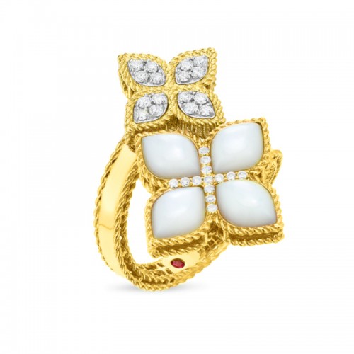 18K YELLOW GOLD AND WHITE GOLD PRINCESS FLOWER MOTHER OF PEARL RING DIA .24CTW. MOP 2.95