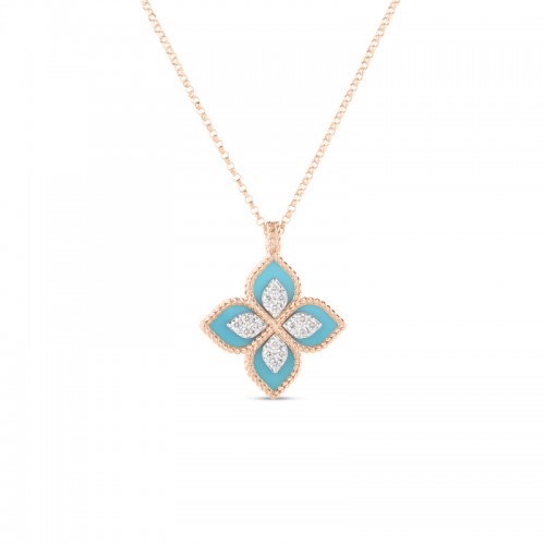 ROBERTO COIN 18K ROSE AND WHITE GOLD TURQOUIS VENETIAN PRINCESS PENDANT. DIA- 0.15, TURQ- 2.89