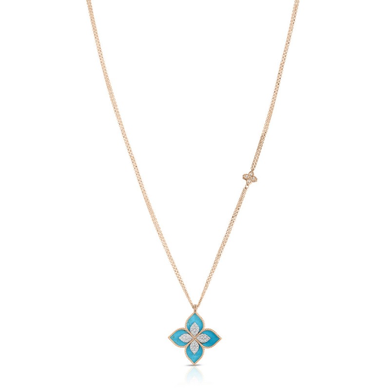 Roberto Coin 18k Rose Gold Ventien Princess Turquoise Diamond Pendat .75ctw dia. 10.10 Turquoise