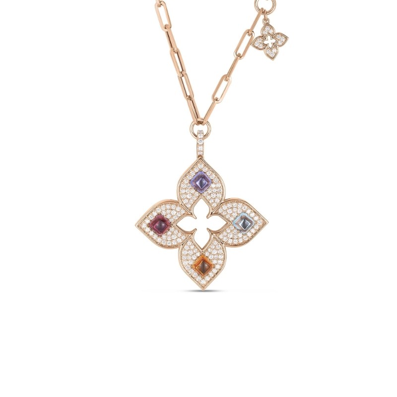 ROBERTO COIN 18K ROSE GOLD VENETIAN PRINCESS CARNIVAL DIAMOND AND MULTICOLOR. STONES LARGE OPEN FLOWER NECKLACE  DIA-0.95, BTOP-0.70, CITR-0.50, RUB-0.55,
