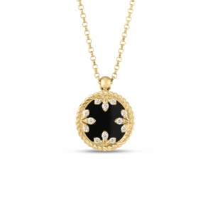 Roberto Coin Yellow Gold Diamond Black Jade Venetian Medallion Necklace BJAD 2.0. Diamond .05ctw