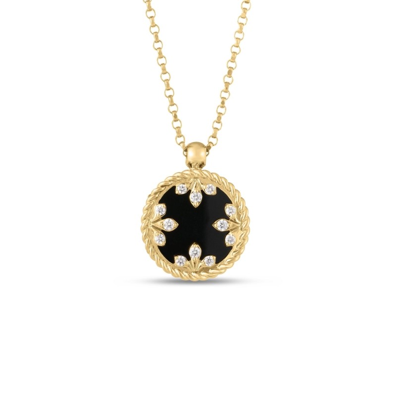 Roberto Coin Yellow Gold Diamond Black Jade Venetian Medallion Necklace BJAD 2.0. Diamond .05ctw