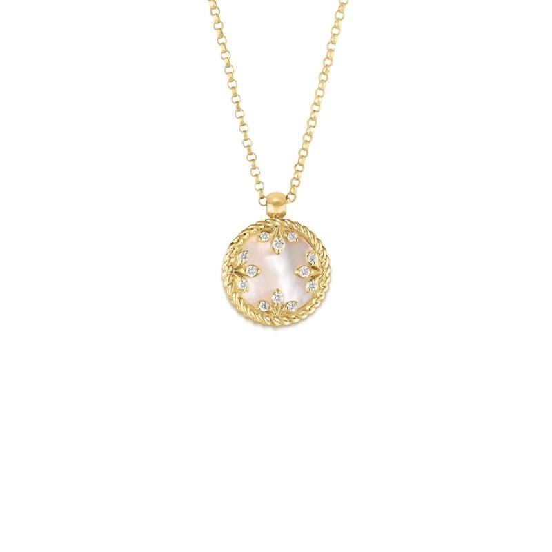 ROBERTO COIN 18K YELLOW GOLD DIAMOND  MOP COLORED MEDALLION PENDAND DIA-0.05. MOP-2.00