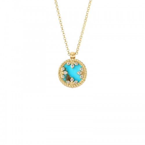 ROBERTO COIN 18K YELLOW GOLD DIAMOND TURQUOISE COLORED MEDALLION NECKLACE. DIA-0.05  TURQ-2.00
