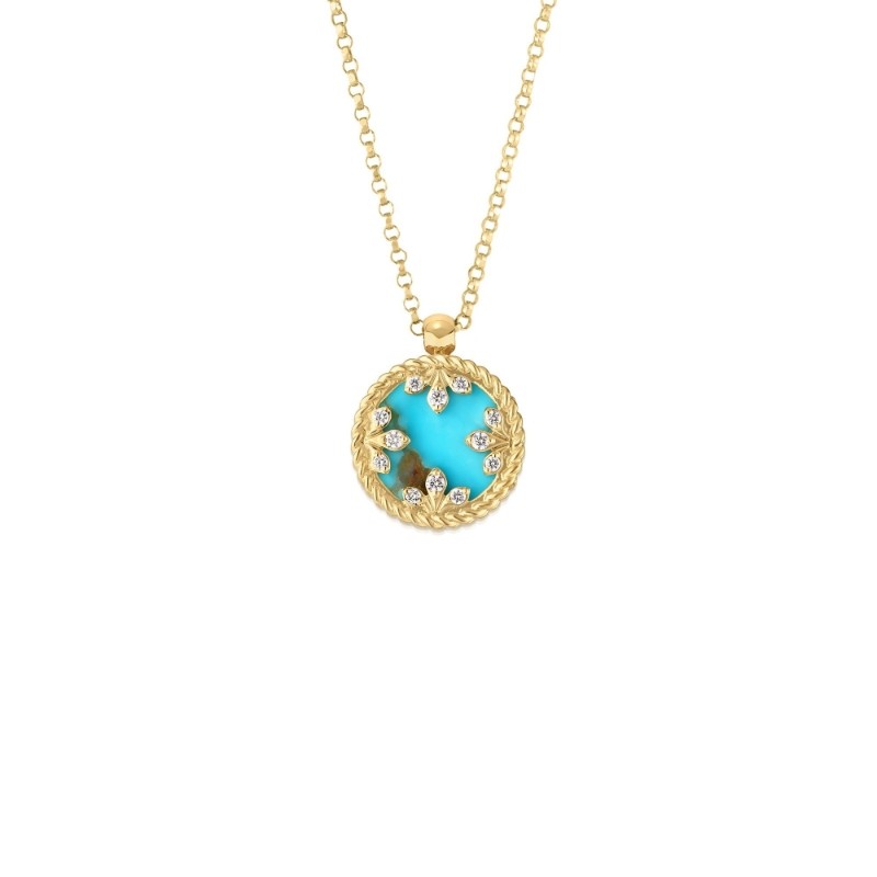 ROBERTO COIN 18K YELLOW GOLD DIAMOND TURQUOISE COLORED MEDALLION NECKLACE. DIA-0.05  TURQ-2.00