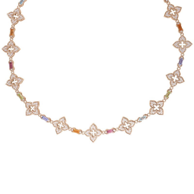 ROBERTO COIN 18K ROSE GOLD VENETIAN PRINCESS CANIVAL DIAMOND BAGUETTE COLOR GEM. STONES NECKLACE DIA-3.50 BTOP-0.69,CITR-0.50,PER-0.65,RUB-0.60 TANZ-0.65