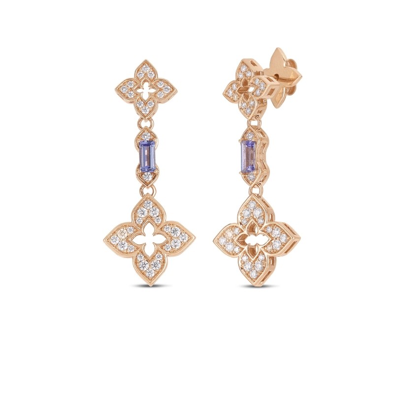 ROBERTO COIN 18K ROSE GOLD DIAMOND RUBY TANZANITE PRNCESS EARRINGS. 
