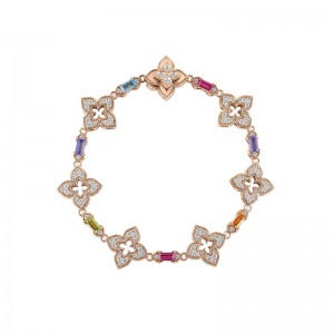 ROBERTO COIN 18K ROSE GOLD VENETIAN PRINCESS CARNIVAL BRACELET WITH PAVE DIAMOND FLOWERS AND BLUE TOPAZ, CITRINE, PERIDOT, RUBELLITE, AND TANZANITE BAGUETTES