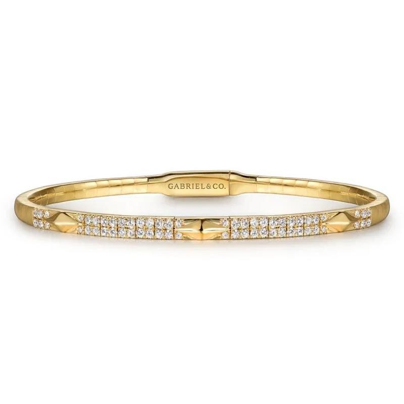 GABRIEL & CO 14K YELLOW GOLD DIAMOND BANGLE WITH PYRAMID RHOMBUS STATIONS. KASLIQUE COLLECTION SI DIA-0.54, SIZE 6.25