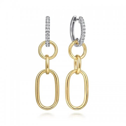 GABRIEL & CO 14K WHITE AND YELLOW GOLD DIAMOND HOLLOW TUBE HUGGIE DROP EARRINGS. CONTEMPORARY COLLECTION EARRINGS SI DIA-0.34