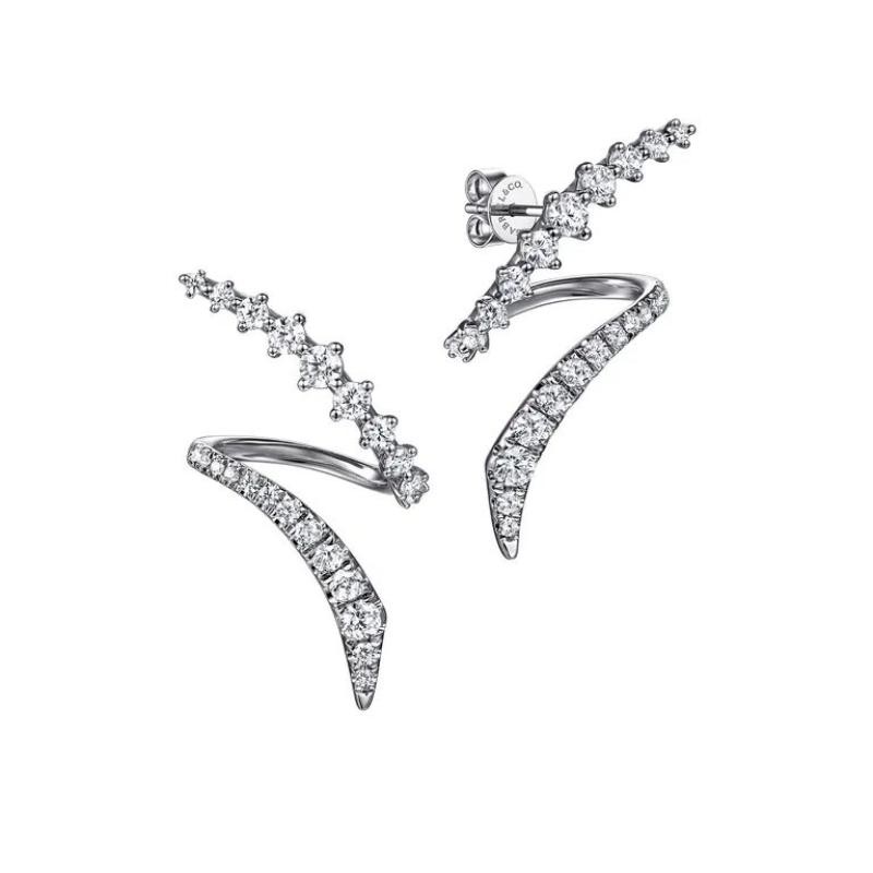 GABRIEL & CO 14K WHITE GOLD GRADUATING DIAMOND BYPASS STUD EARRINGS KASLIQUE. COLLECTION SI DIA-0.97