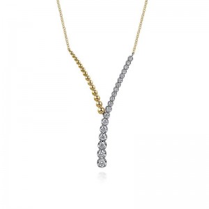 14K WHITE AND YELLOW GOLD BEADS AND DIAMOND Y NECKLACE BUJUKAN. COLLECTION SI DIA-0.78 SIZE- 17.5