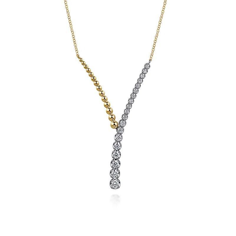 GABRIEL & CO 14K WHITE AND YELLOW GOLD BEADS AND DIAMOND Y NECKLACE BUJUKAN. COLLECTION SI DIA-0.78 SIZE- 17.5