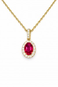 Oval Ruby & Diamond Halo Pendant Necklace in 14K Yellow Gold