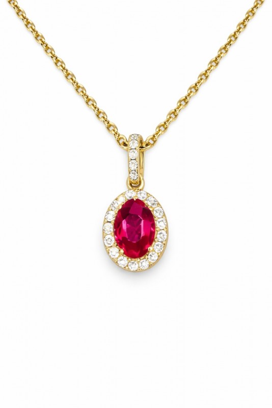 Oval Ruby & Diamond Halo Pendant Necklace in 14K Yellow Gold