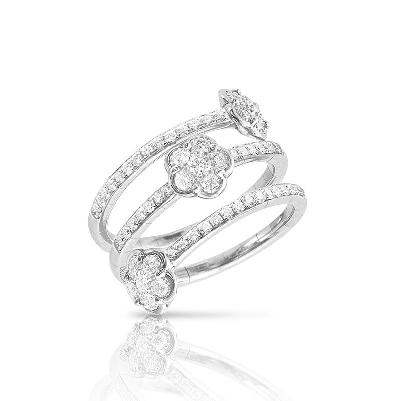 PASQUALE BRUNI 18K WHITE GOLD FIGLIA DEI FIORI 3 FLOWERS TWIST RING WITH DIAMONDS