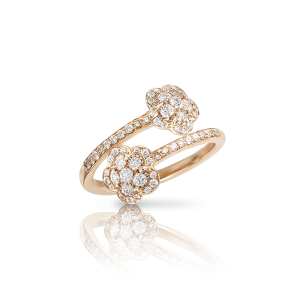 Figlia dei Fiori Two Flowers Contrarié Ring in 18k Rose Gold with White and Champagne Diamonds.