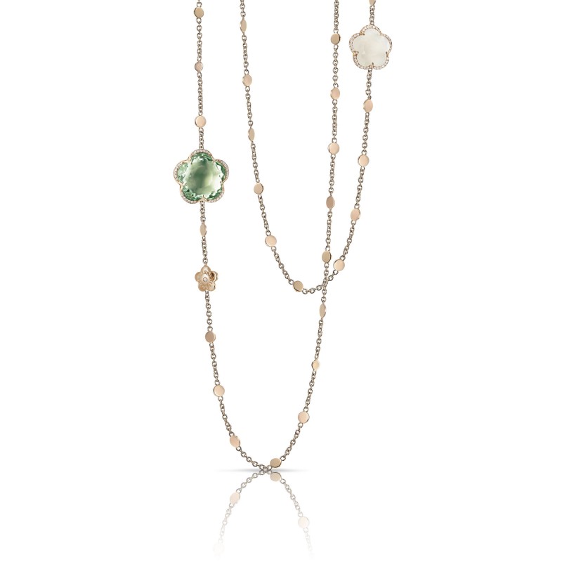 PASQUALE BRUNI 18K ROSE GOLD BON TON DOLCE VITA SAUTOIR WITH PRASIOLITE, MILKY QUARTZ, AND DIAMONDS