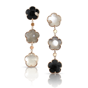 18K ROSE GOLD PETIT JOLI BOUQUET LUNAIRE CHANDELIER EARRINGS WITH GREY AND WHITE MOONSTONE, ONYX, AND DIAMONDS